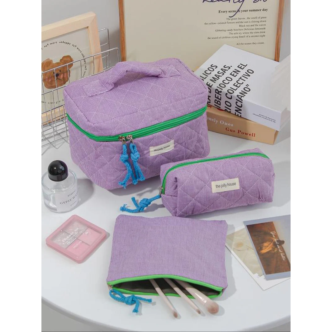 Striped Plaid Quilted Makeup Bag, Women'S Daily Use, Toiletries Organizer, Portable Travel Essentials, All-Seasons Style