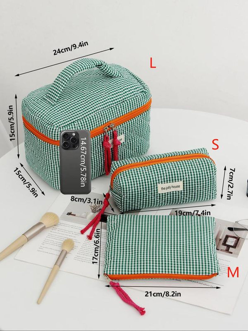 Striped Plaid Quilted Makeup Bag, Women'S Daily Use, Toiletries Organizer, Portable Travel Essentials, All-Seasons Style