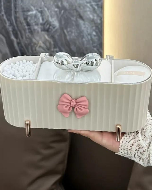 Cute Bow-Knot Design Makeup Organizer, 1 Count 3-Grid Large Capacity Storage Box for Swabs, Powder Puffs & Cosmetics, Cosmetic Storage Organizer, Beauty Supplies Organizer