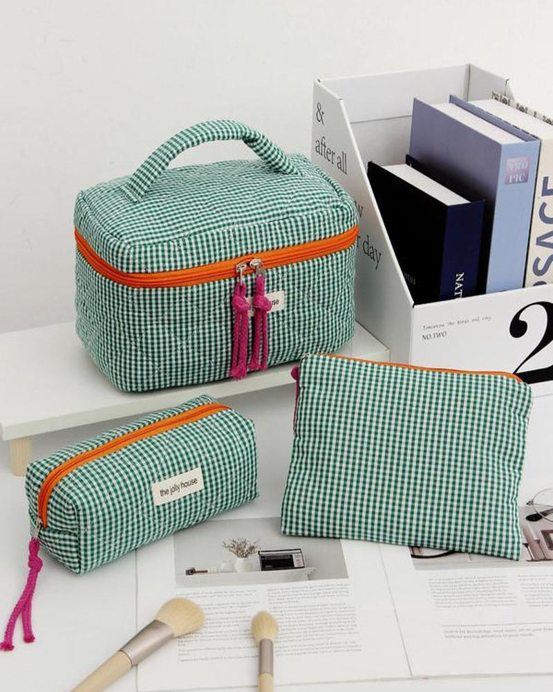 Striped Plaid Quilted Makeup Bag, Women'S Daily Use, Toiletries Organizer, Portable Travel Essentials, All-Seasons Style