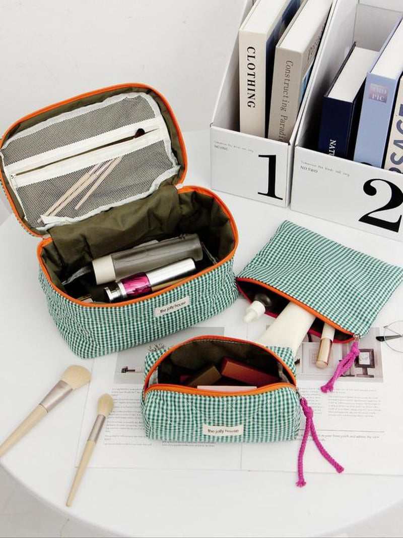 Striped Plaid Quilted Makeup Bag, Women'S Daily Use, Toiletries Organizer, Portable Travel Essentials, All-Seasons Style